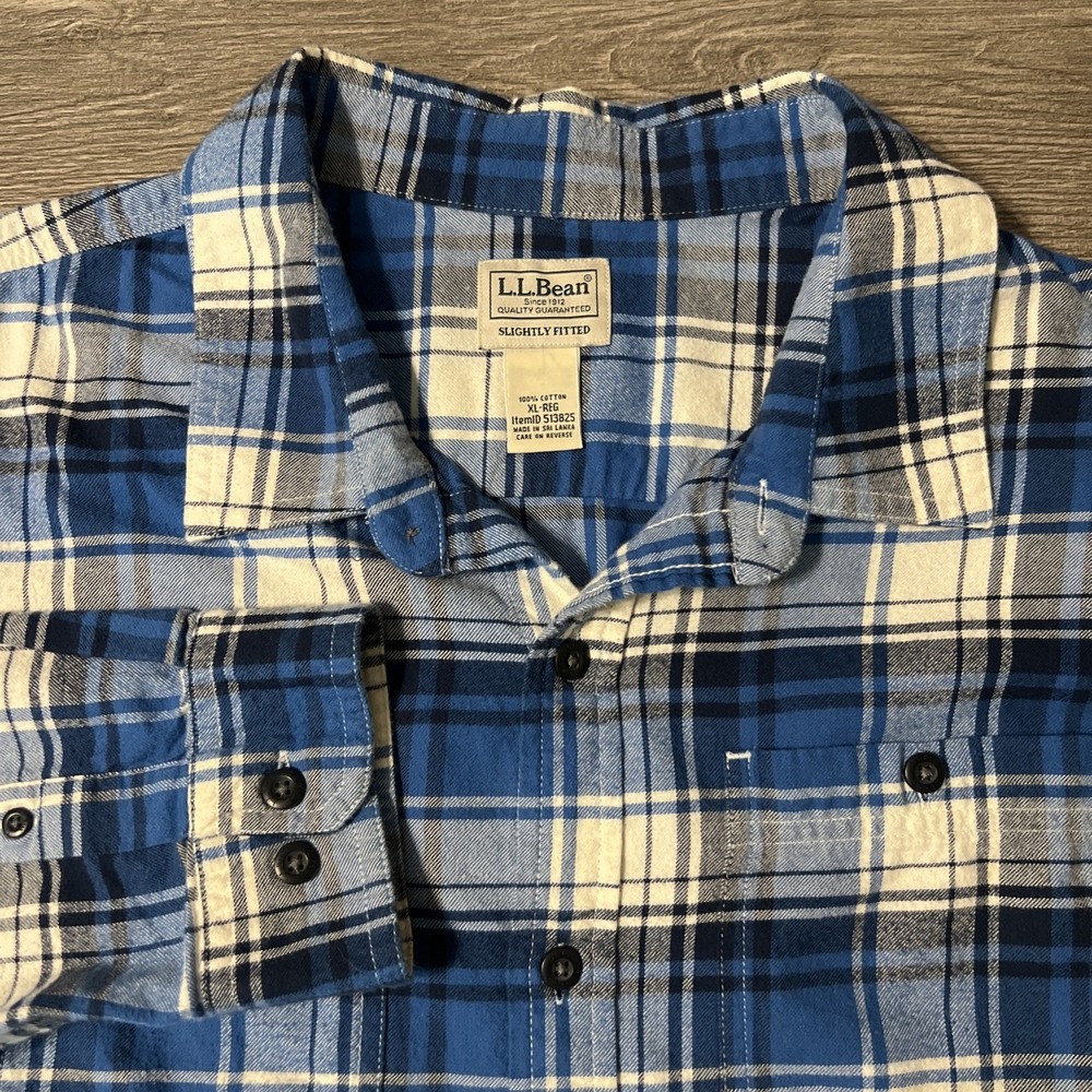LL Bean Slightly Fitted Windowpane Blue/White Plaid Flannel Shirt Size XL 513825